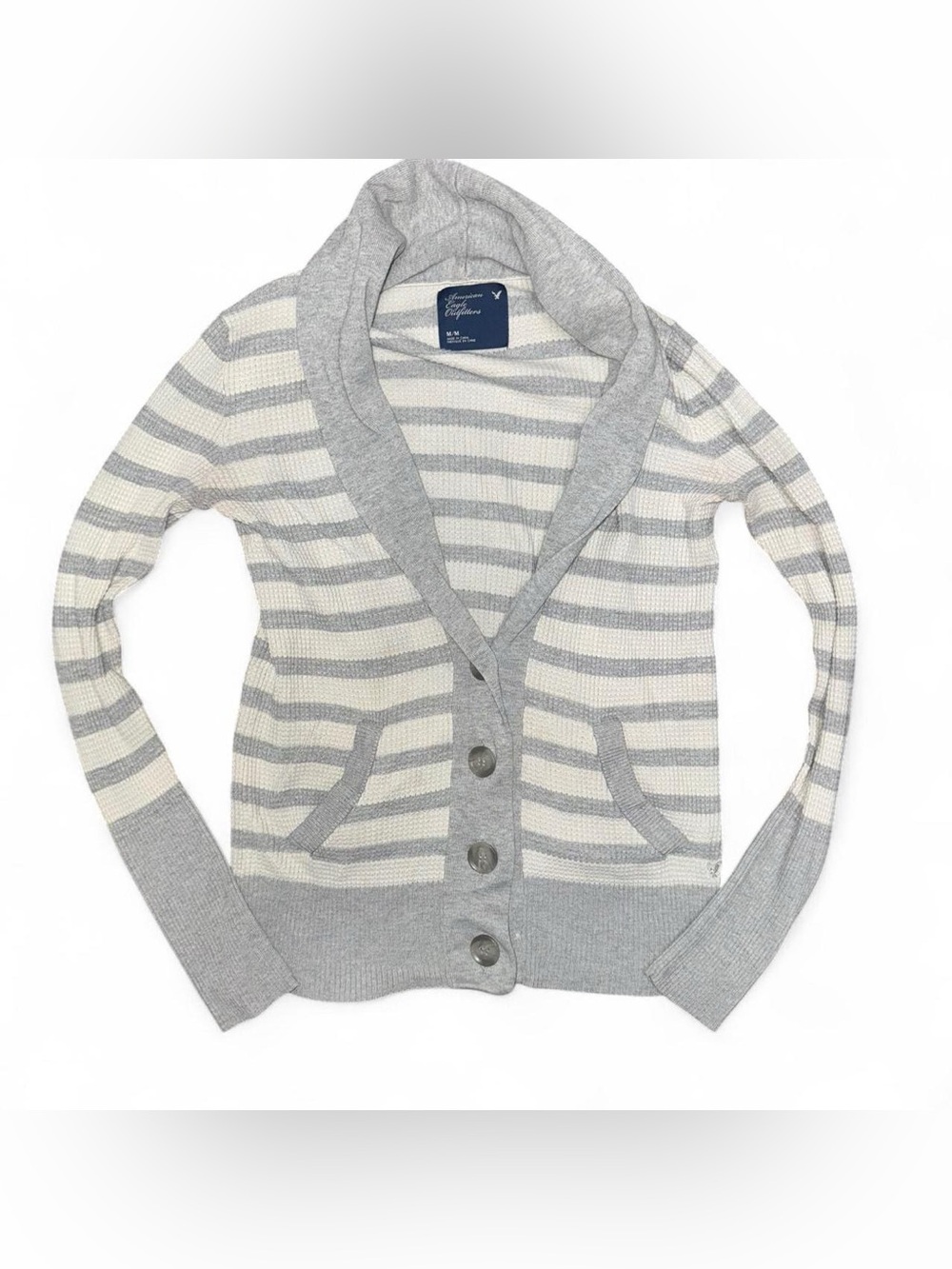 American Eagle Outfitters Gray & Cream Striped Shawl Collar Cardigan Sweater med